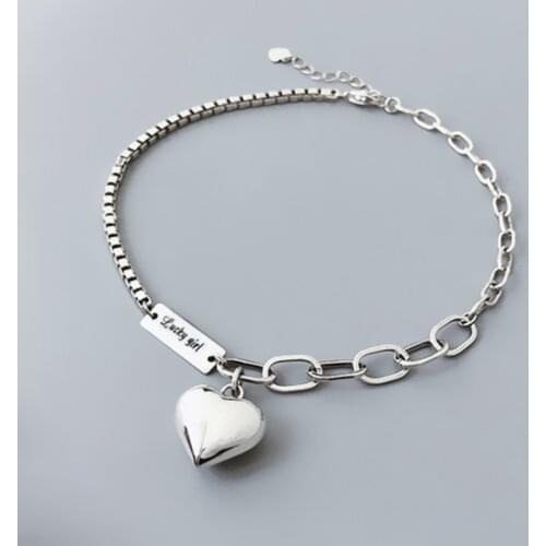 Vintage 925 Sterling Silver Box Chain Big Heart Shape Charm Bracelet &Bangle For Women Wedding Jewelry Party SL013