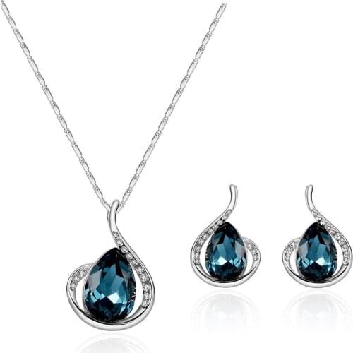 Female Crystal Water Drop Necklace Earring Wedding Jewelry Set Fashion Elegant Statement Necklace Earrings
