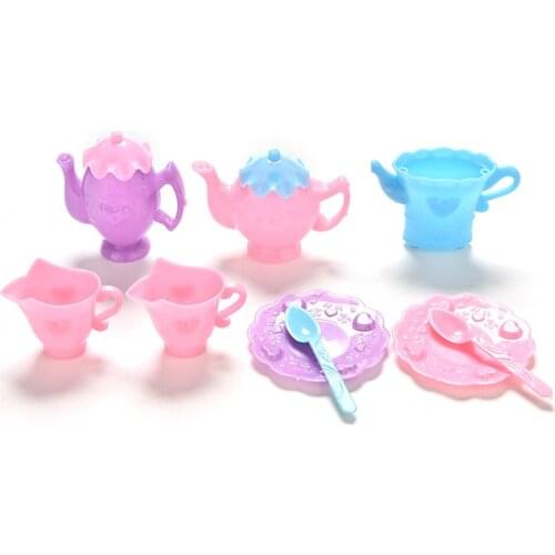 9 Pcs For Barbies Doll house Furniture Toy Mini Tray Teapot Cup Spoon Tableware Girls Gifts