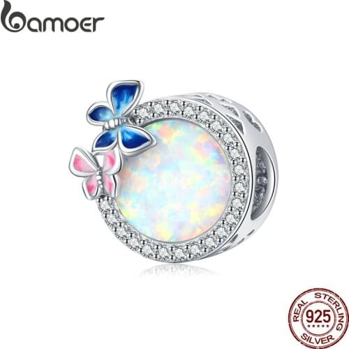 Bamoer Opal Rround Bead 925 Sterling Silver Butterly Spring Charm fit Women Charm Bracelets Bangle DIY Stone Jewelry SCC1730
