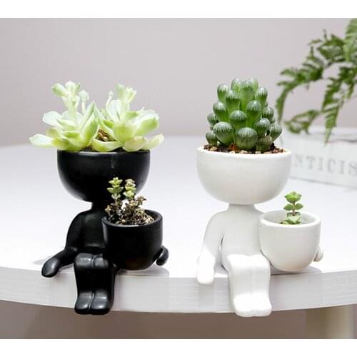 Humanoid Ceramic Flower Pot Character Sitting Posture Sculpture Vase Desktop Flower Arrangement Container Couple Gift Ornaments