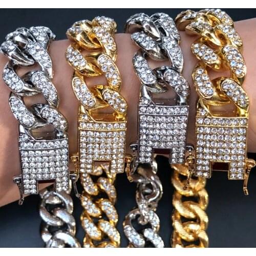 Iced Out Paved Rhinestones 1Set 13MM Gold Silver Full Miami Curb Cuban Chain CZ Bling Rapper Necklaces For Men Hip Hop Jewelry