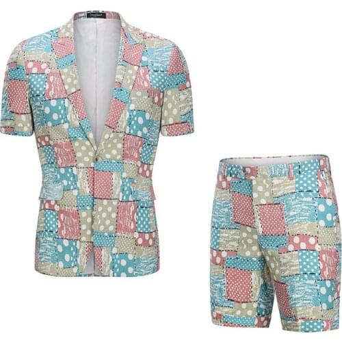 Men Suit Summer Fashion Slim Fit Short Sleeve Jacket Shorts Two Pieces Casual Suits Hawaii Beach Seaside 100% Cotton US Size