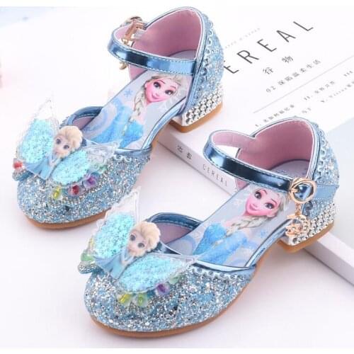 Disney Frozen Elsa Princess Leather Shoes New girls high heels sequin childrens shoes small and medium girls princess shoes