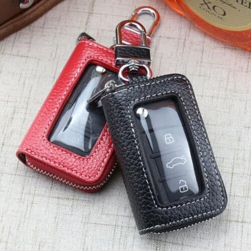 Leather Fashion Car Key Case Cowhide Key Cover Fob Key Chain For Car Zipper Wallet Key Wallet Men & Women Car Key Bag