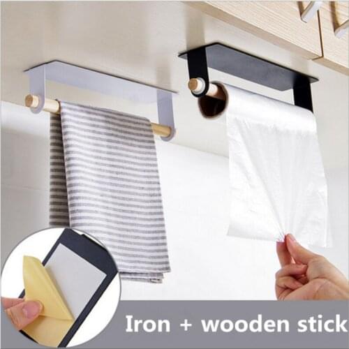 Metal wall hanging Holder wood towel Shelf toilet paper organizer rag Holder plastic wrap film Storage Racks kitchen accessorie