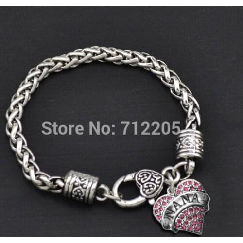 Fashion antique silver plated Wheat Link Bracelet Chain NANA with Crystal Heart Bracelet Jewelry