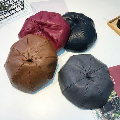 Fashion Hat Women PU Leather Octagonal Caps Vintage Bonnet Beret Style Retro Leather Hat Women