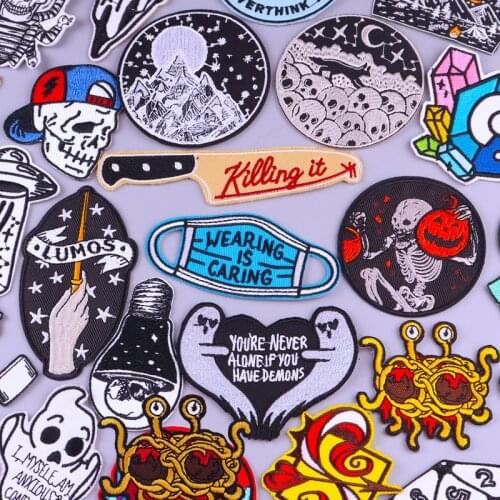"wearing is caring"Iron On Patches On Clothes Knife Stickers DIY Embroidered Patches For Clothing Skull Biker Badges for Jackets