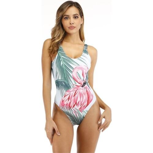 Flamingo Beach Deep V-neck Halter One-Piece Swimsuit Sexy Backless Lace Up Women Monokini 2021 Beach Bathing Suits Swimwear