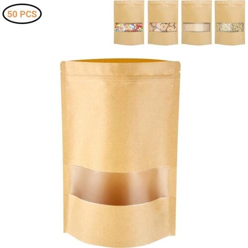 50pcs Brown Kraft Paper Gift Candy Bags Wedding Packaging Bag Recyclable Food Bread Party Shopping Bags For Boutique Zip Lock