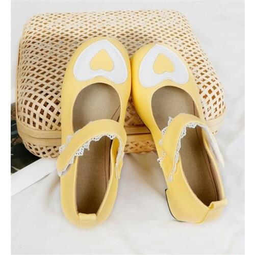 PXELENA Romantic Heart Shaped Girls Lolita Mary Janes Shoes White Purple Pink Yellow Med Heels Hook Ruffles Dress Party Cosplay