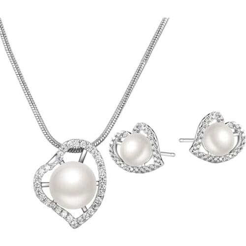 Pearl Cubic Zircon Heart Pendant Necklace Set AAA CZ Pendants Ladies Jewelry Gifts