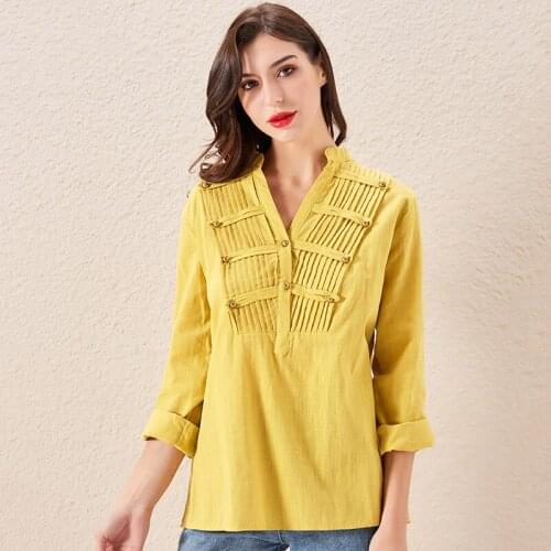 Plus Size 3XL Women Cotton Linen Pleated Solid Color Blouse Womens Tops And Blouses V Neck Long Sleeve Female Shirt Pullover
