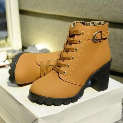 Ankle Boots Women Platform High Heels Lace Up Buckle Strap Shoes Thick Heel Short Boot Ladies Zipper Footwear 2019 New