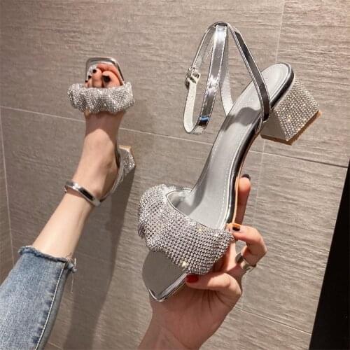 Womens Sandals 2021 New Square Toe Solid Color Word with Rhinestones Thick Low-heeled Sandals Fashion Soft Soles Shoes