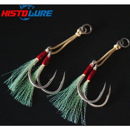 2pcs/lot Jig Assist Hook Double Hook jiging hook 1/0# 5/0# 7/0# Metal Jig High Carbon Steel With Feather Fishing Hook jig head