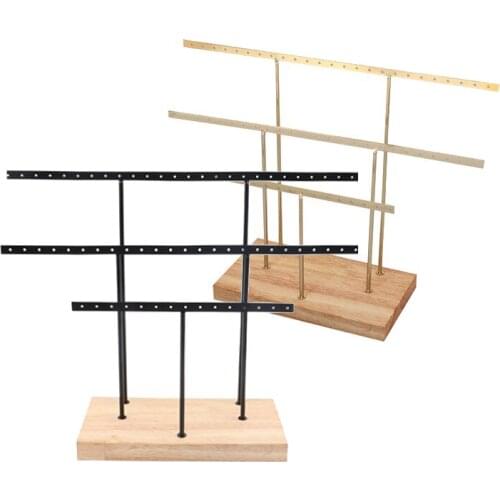 2Pcs Log Earrings Ring Necklace Bracelet Display Storage Rack Hanging Jewelry Organizer Holder Beech Gold + Black