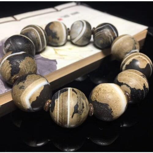 20mm Vintage Dzi Bead Bangle nature vein Bead chalcedony bracelet Amulet Rare