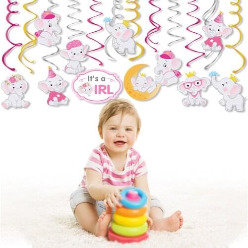 30pcs Cartoon Pink Elephant Its a Girl or Boy Baby Shower Party Ceiling Hanging Swirl Spirals Happy Birthday Party Decorations