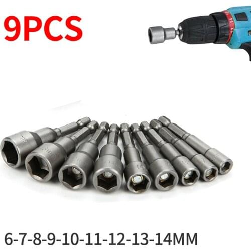 9pcs Screwdriver Tools Impact Drill 6 To 14mm Metric Wrench Socket 1/4 Inch Sleeve Nozzles Magnetic Hex Shank Nut Driver Bit Set