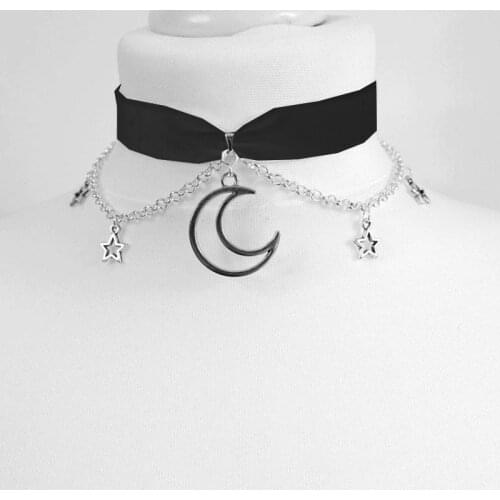 Velvet moon stars choker Moon And Stars Chain Choker Kawaii Pastel Pink Velvet Chain fashion delicacy women