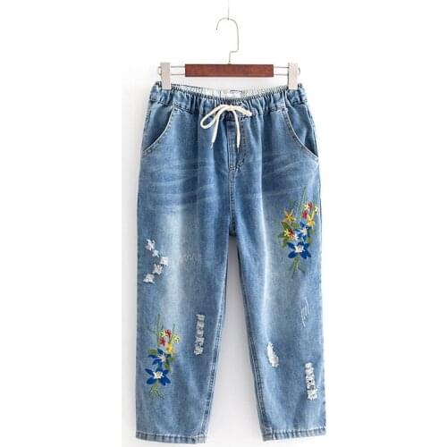 Plus Size Loose Straight Blue Denim Jeans 8/10 Pants Embroidery Trousers