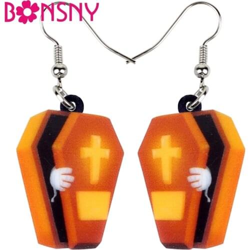 Bonsny Acrylic Anime Halloween Coffin Casket Bier Earrings Dangle Drop Big Novelty Festival Jewelry For Women Girls Party Gift