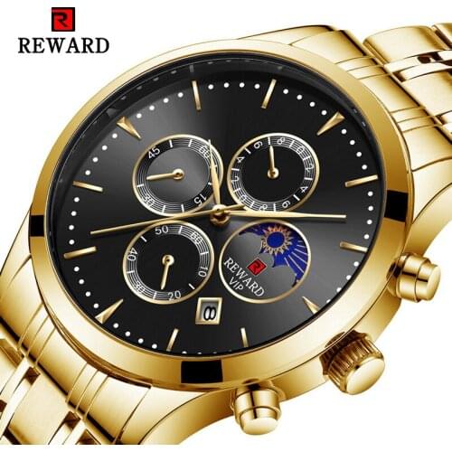 REWARD Black Gold Quartz Watches for Men Moon Phase Design Calendar Top Brand Luxury Male Clock Business Watch Montre Homme