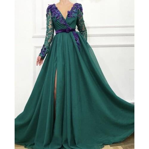 Long Chiffon Flowers Prom Dresses 2021 Long Sleeves V Neck High Split Side Formal Evening Party Dress Robe De Soiree