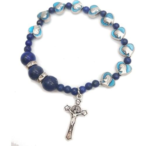 Catholic Religious lapis lazuli Stone Heart Beads Bracelets &catenary Christ Jesus Orthodox Cross Pendant Rosary Bracelets Gift
