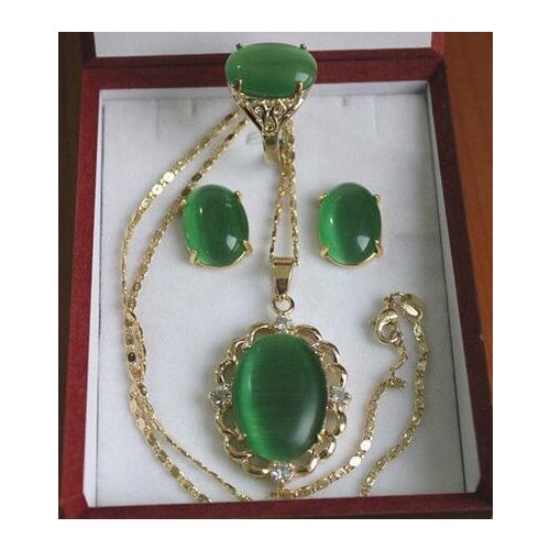 Elegant gp Inlay green jade Necklace Earring Ring set