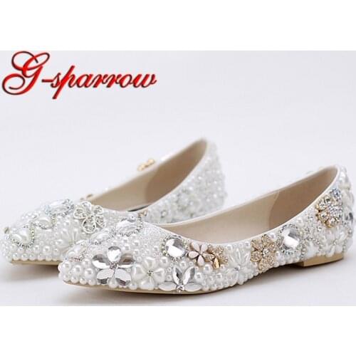 2018 Beautiful Flat Heel White Pearl Wedding Shoes Comfortable Crystal Bridal Flats Customized Mother of Bride Shoes Plus Size