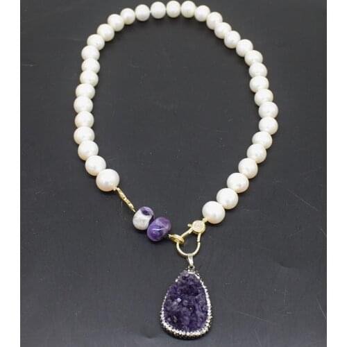 White Pearl round necklace+zircon AMETHYST/DROP/HEART pendant necklace freshwater pearl 54cm FPPJ