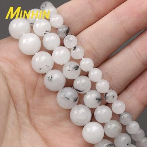 MINHIN Wholesale Natural Stone Black White Jades Beads for Jewelry Making 6 8 10 MM Round Beads for Necklace Bracelet Making