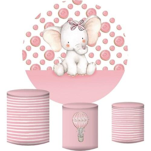 Round circle background baby shower Pink cute elephant backdrop Girls Birthday party decoration candy table photocall