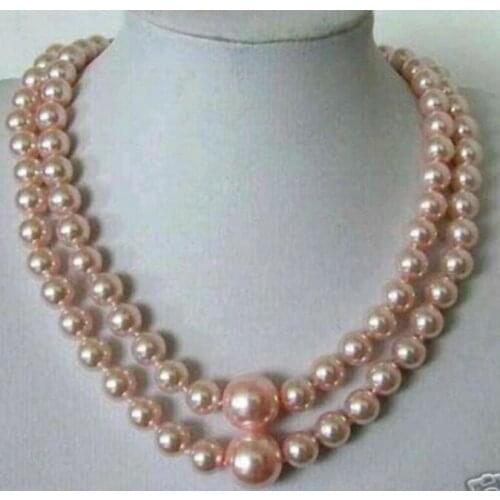 Hot Natural 2 Rows 8mm+12mm Elegant Pink Shell Pearl Necklaces 18-19