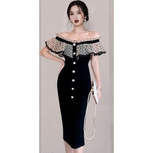 New 2021 Summer Dot Mesh Lace Party Dress Slash Neck Sexy Bodycon Black Knee-Length Party Occasion Vestido Feminino