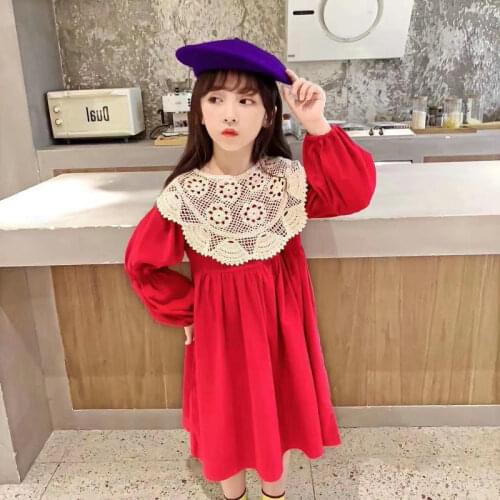 Autumn Girls' Dresses 2020 Children Baby Kids Clothing Lace Collar Delicate Fashionable Red Dress For Girls