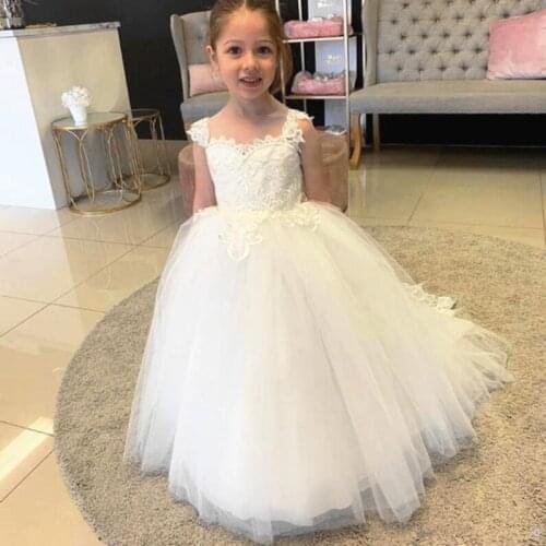 Ivory White Flower Girl Dress for Wedding Party Layers Tulle Lace Straps Sheer Back Kid First Communion Dress Pageant Gown