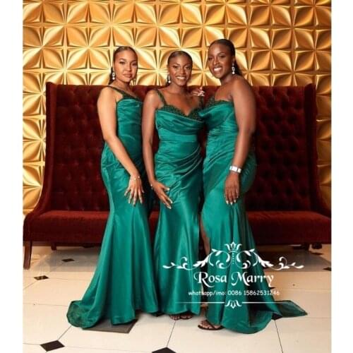 Hunter Green African Mermaid Bridesmaids Dresses 2021 Sequined Beaded Plus Size Long Satin Wedding Guest Gowns Maid of Honors