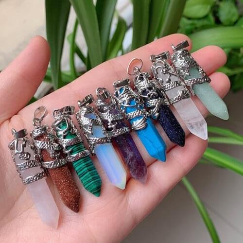 Dragon Pendants Jewelry Hexagonal Pendulum Natural Gem Stone Amethysts Opal Agates Pink Quartz Crystal Pendants Hanging Amulet