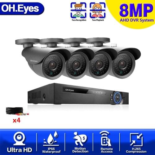 OH.eyes H.265+ 4CH DVR CCTV Camera System 8MP IR Night Vision Indoor Outdoor Bullet Camera 4K Home Security System Kit XMEYE