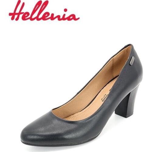 Hellenia shoes pump mid heels fashion office ladies pointed toe shallow black PU letaher lining Hot sale sexy shoe womens shoes