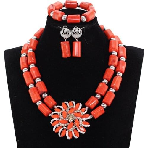 Unique Coral African Beads Jewelry Set With Flower Shaped Pendant Necklace LC008