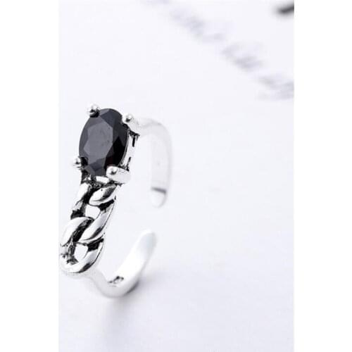 Vintage Inlaid Black Stone Irregular Chain Geometric Open Ring 925 Sterling Silver Jewelry Mujer Anillos Party Accessories SR394