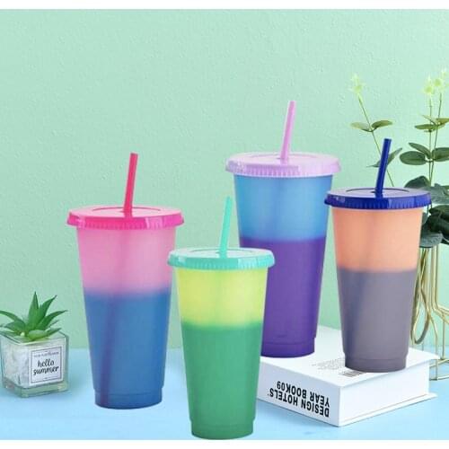 Magical Plastic Cold Water Color Changing Cup Tumbler Discoloration Changing Reusable Colour Cup With Straws Creative Water Cup