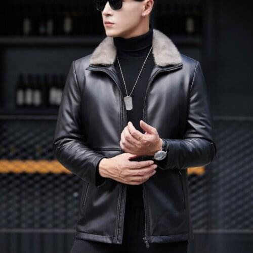 High Quality Winter Mens Down Jacket Real Mink Fur Slim Fit Business Sheepskin Genuine Leather Jacket Outerwear Coat Plus Size
