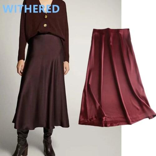 Jenny&Dave long skirts womens england style office lady elegant simple satin shine silk midi skirt women faldas mujer moda