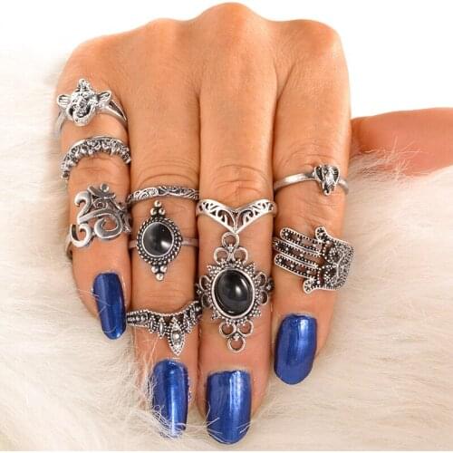 10 pcs/set Women Mid Finger Ring Ancient Silver Color Crown Plam Elephant Black Stone Hollow Flower Knuckle Rings Set Jewelry
